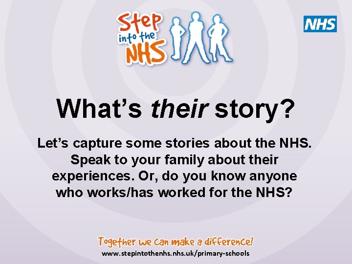 What’s their story? Let’s capture some stories about the NHS. Speak to your family What’s their story? Let’s capture some stories about the NHS. Speak to your family