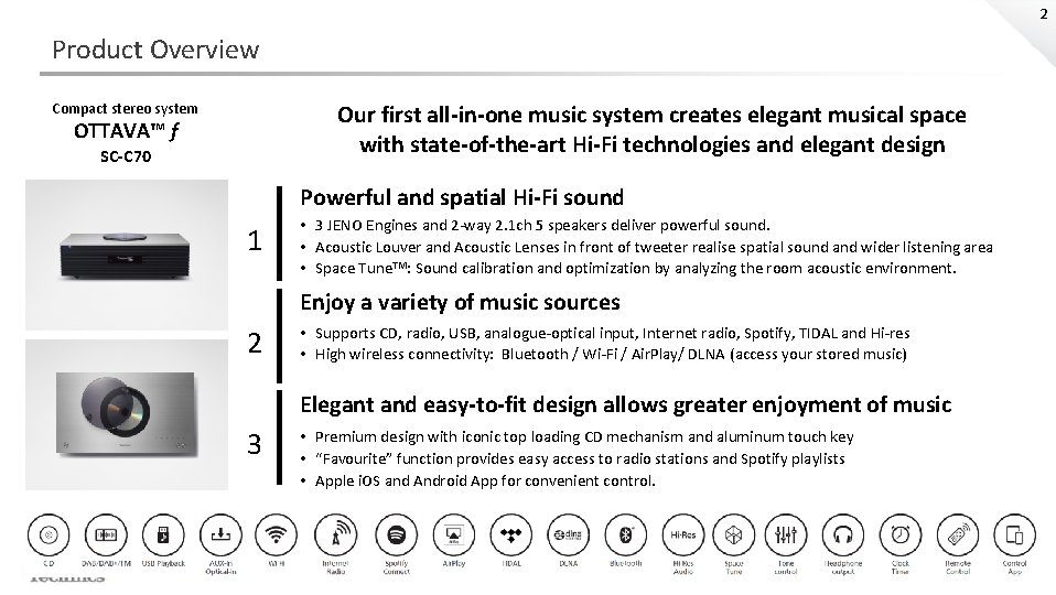 2 Product Overview Compact stereo system Our first all-in-one music system creates elegant musical