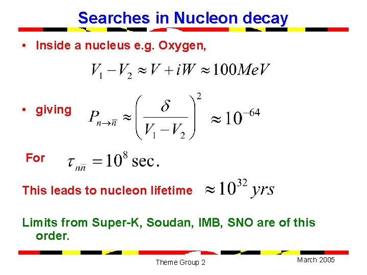 Searches in Nucleon decay • Inside a nucleus e. g. Oxygen, • giving For