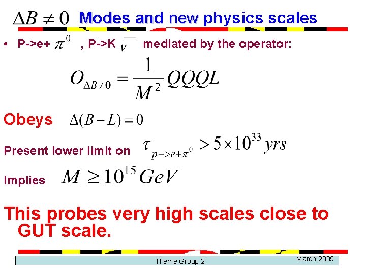 Modes and new physics scales • P->e+ , P->K mediated by the operator: Obeys