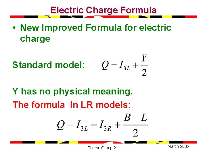 Electric Charge Formula • New Improved Formula for electric charge Standard model: Y has