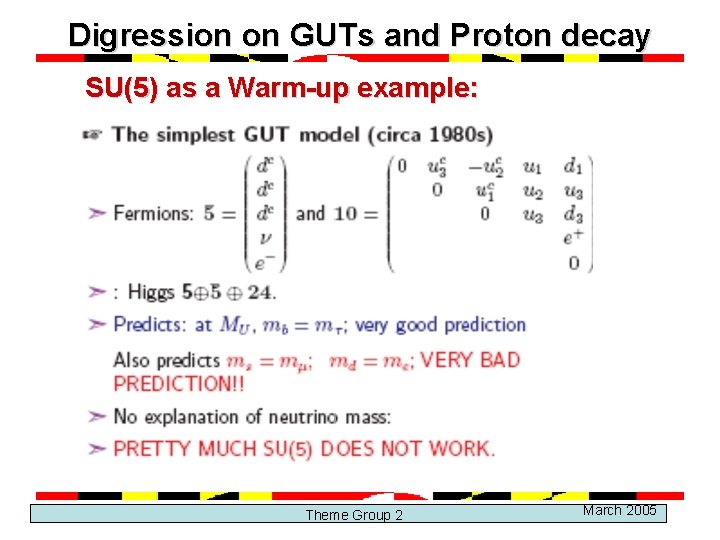 Digression on GUTs and Proton decay SU(5) as a Warm-up example: Theme Group 2