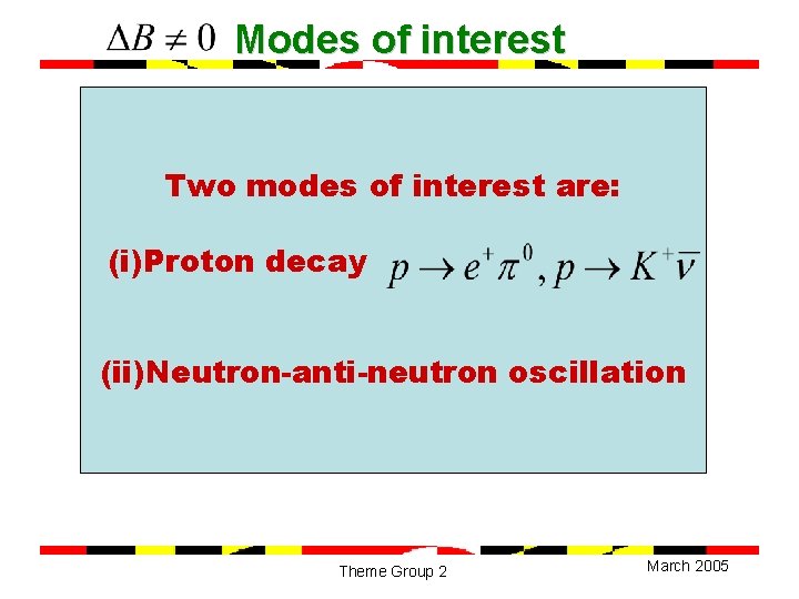 Modes of interest Two modes of interest are: (i)Proton decay (ii)Neutron-anti-neutron oscillation Theme Group