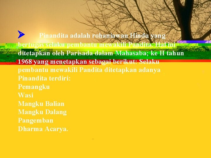 Ø Pinandita adalah rohaniawan Hindu yang bertugas selaku pembantu mewakili Pandita. Hal ini ditetapkan