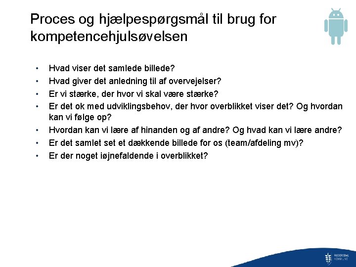 Proces og hjælpespørgsmål til brug for kompetencehjulsøvelsen • • Hvad viser det samlede billede?