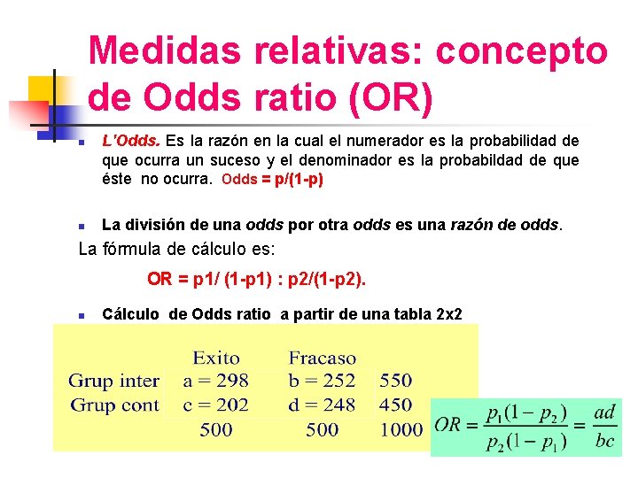 Medidas relativas: concepto de Odds ratio (OR) n n L'Odds. Es la razón en