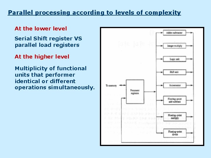 Parallel processing according to levels of complexity At the lower level Serial Shift register