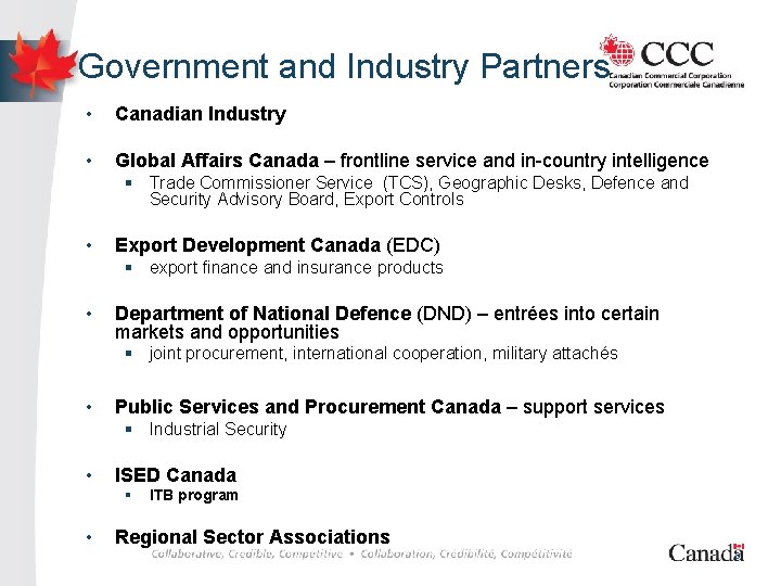 Government and Industry Partners • Canadian Industry • Global Affairs Canada – frontline service