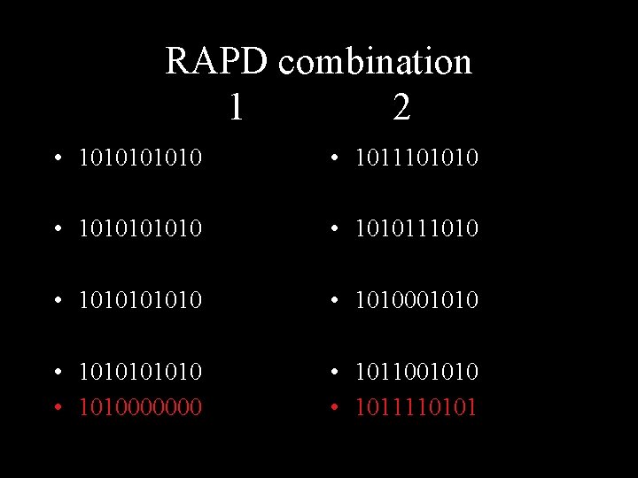 RAPD combination 1 2 • 101010 • 1011101010 • 1010111010 • 101010 • 1010001010