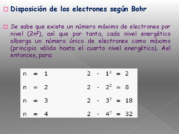 � � Disposición de los electrones según Bohr Se sabe que existe un número