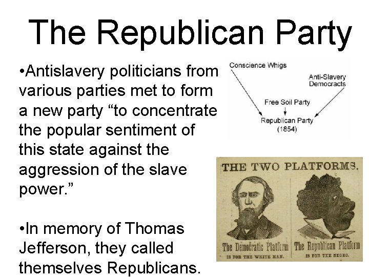 The Republican Party • Antislavery politicians from various parties met to form a new