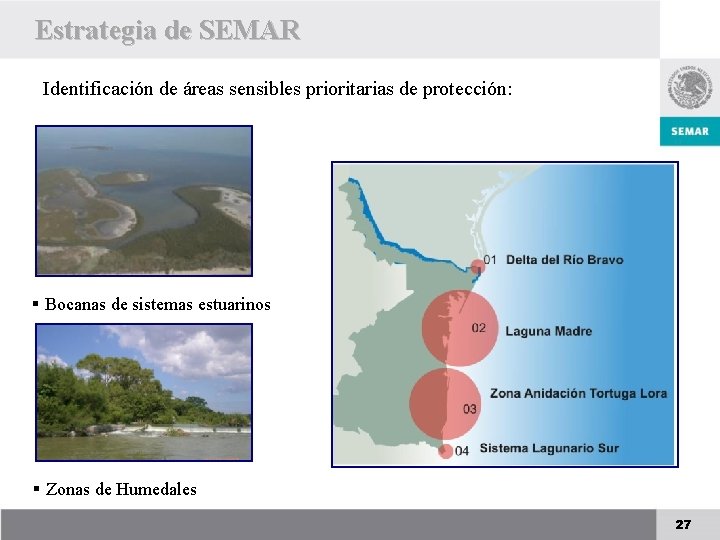 Estrategia de SEMAR Identificación de áreas sensibles prioritarias de protección: § Bocanas de sistemas