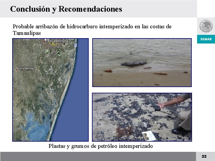 Conclusión y Recomendaciones Probable arribazón de hidrocarburo intemperizado en las costas de Tamaulipas Plastas