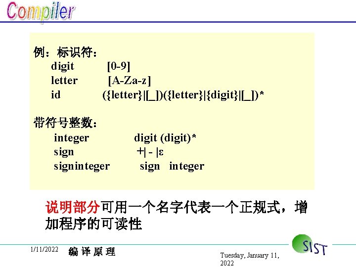 例：标识符： digit [0 -9] letter [A-Za-z] id ({letter}|[_])({letter}|{digit}|[_])* 带符号整数： integer signinteger digit (digit)* +|