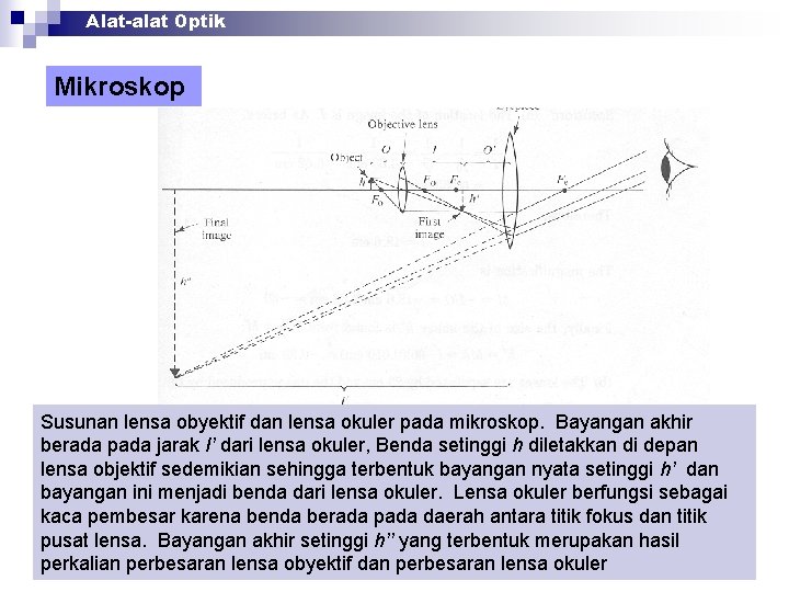 Alat-alat Optik Mikroskop Susunan lensa obyektif dan lensa okuler pada mikroskop. Bayangan akhir berada