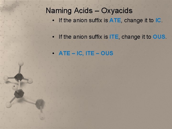 Naming Acids – Oxyacids • If the anion suffix is ATE, change it to