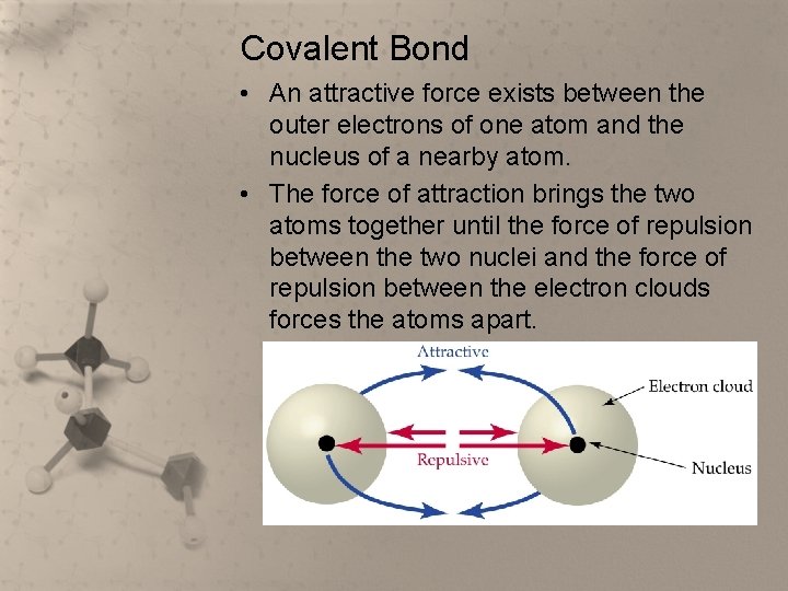 Covalent Bond • An attractive force exists between the outer electrons of one atom