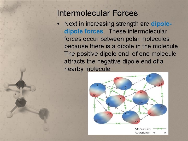 Intermolecular Forces • Next in increasing strength are dipole forces. These intermolecular forces occur
