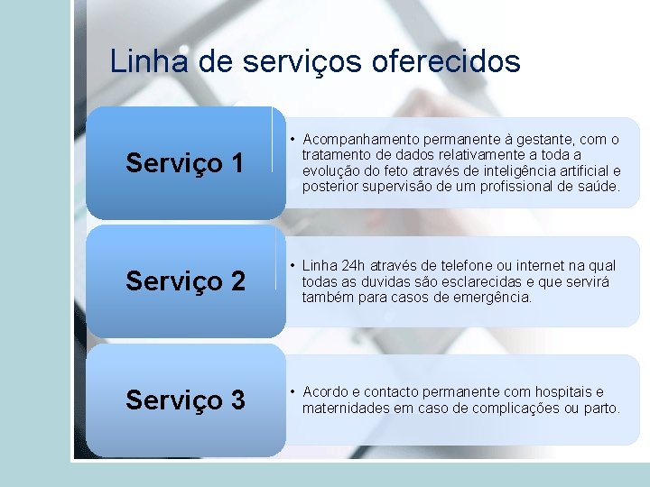 Linha de serviços oferecidos Serviço 1 • Acompanhamento permanente à gestante, com o tratamento