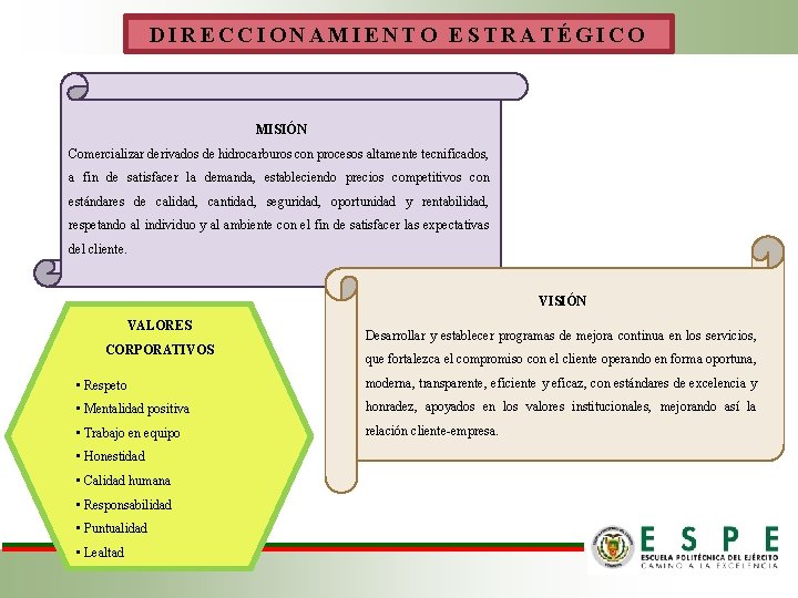 DIRECCIONAMIENTO ESTRATÉGICO MISIÓN Comercializar derivados de hidrocarburos con procesos altamente tecnificados, a fin de