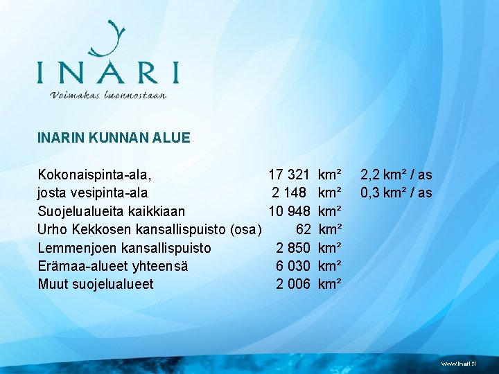 INARIN KUNNAN ALUE Kokonaispinta-ala, 17 321 km² josta vesipinta-ala 2 148 km² Suojelualueita kaikkiaan