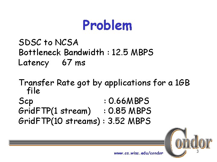 Problem SDSC to NCSA Bottleneck Bandwidth : 12. 5 MBPS Latency 67 ms Transfer