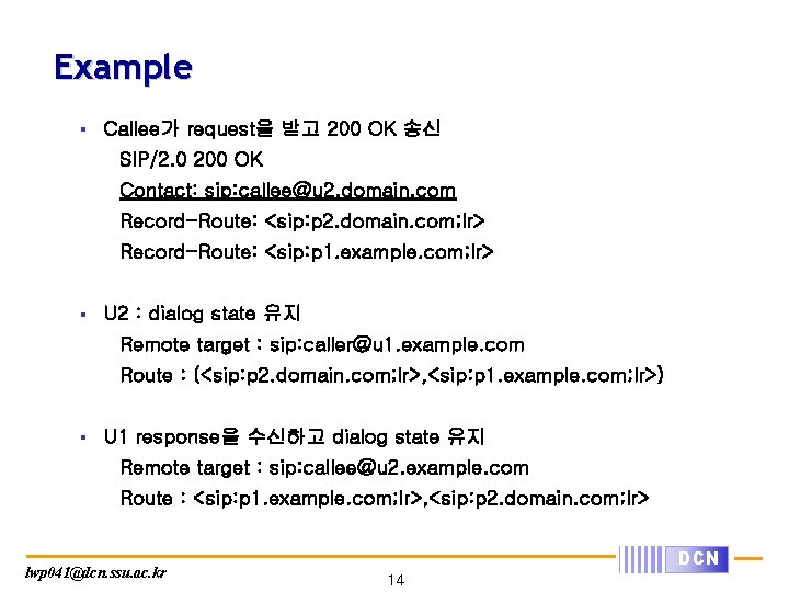 Example § Callee가 request을 받고 200 OK 송신 SIP/2. 0 200 OK Contact: sip: