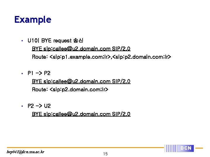 Example § U 1이 BYE request 송신 BYE sip: callee@u 2. domain. com SIP/2.