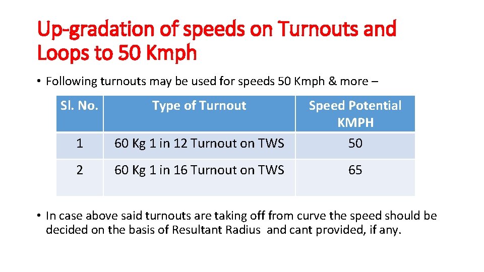 Up-gradation of speeds on Turnouts and Loops to 50 Kmph • Following turnouts may Up-gradation of speeds on Turnouts and Loops to 50 Kmph • Following turnouts may