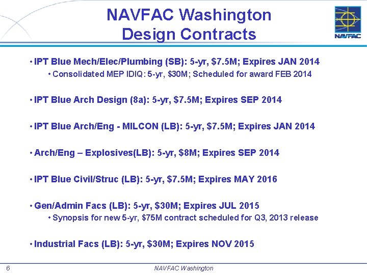 NAVFAC Washington Design Contracts • IPT Blue Mech/Elec/Plumbing (SB): 5 -yr, $7. 5 M;