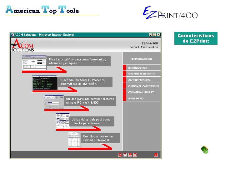 Características de EZPrint: Diseñador gráfico para crear formularios, etiquetas y cheques. Diseñador en AS/400.