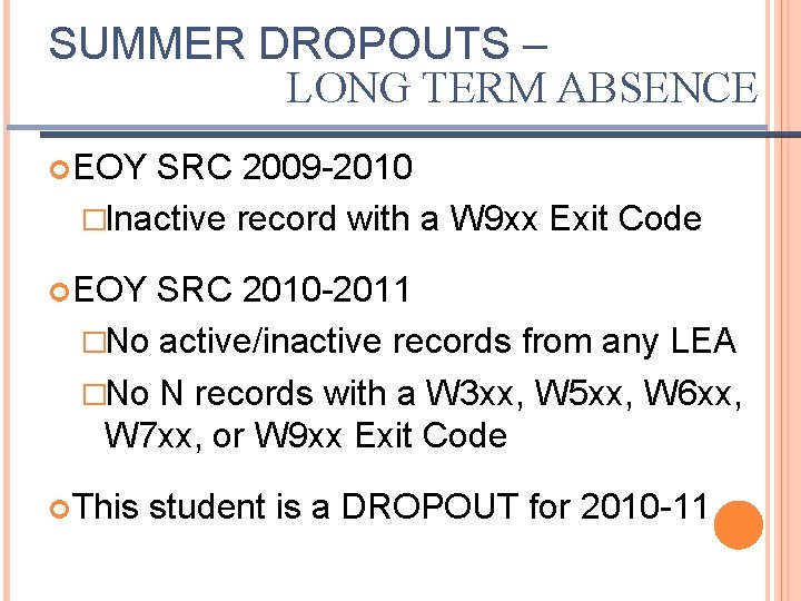 SUMMER DROPOUTS – LONG TERM ABSENCE EOY SRC 2009 -2010 �Inactive record with a