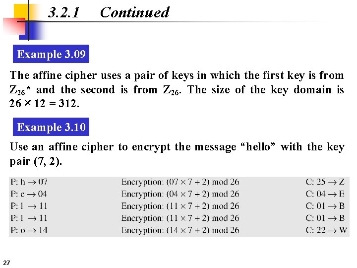 3. 2. 1 Continued Example 3. 09 The affine cipher uses a pair of