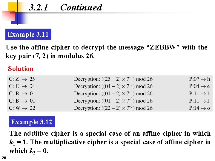 3. 2. 1 Continued Example 3. 11 Use the affine cipher to decrypt the