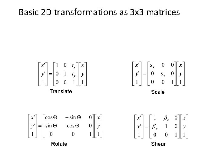 Basic 2 D transformations as 3 x 3 matrices Translate Scale Rotate Shear 