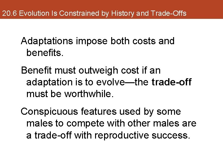 20. 6 Evolution Is Constrained by History and Trade-Offs Adaptations impose both costs and