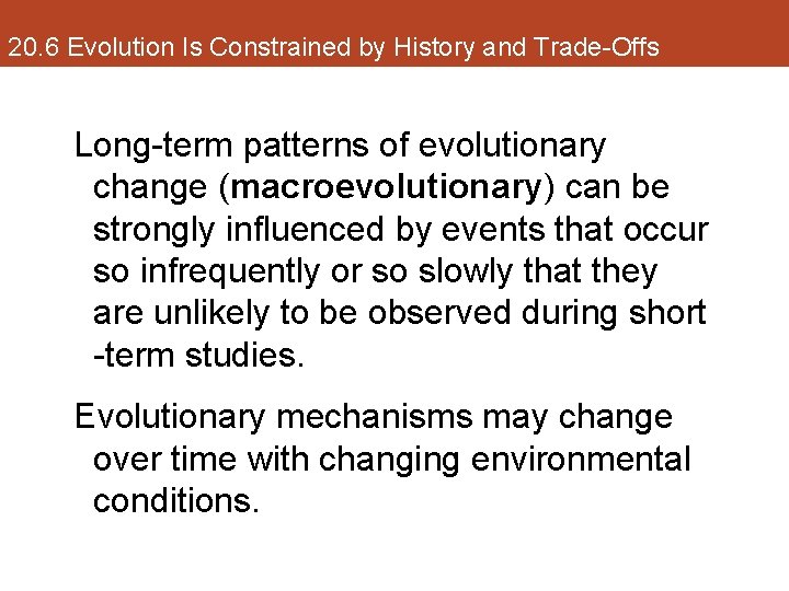20. 6 Evolution Is Constrained by History and Trade-Offs Long-term patterns of evolutionary change