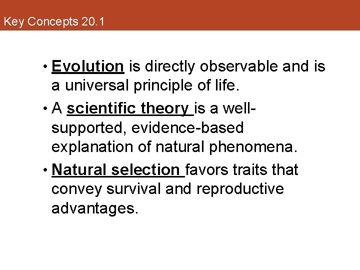 Key Concepts 20. 1 • Evolution is directly observable and is a universal principle