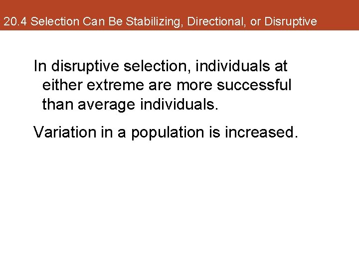 20. 4 Selection Can Be Stabilizing, Directional, or Disruptive In disruptive selection, individuals at