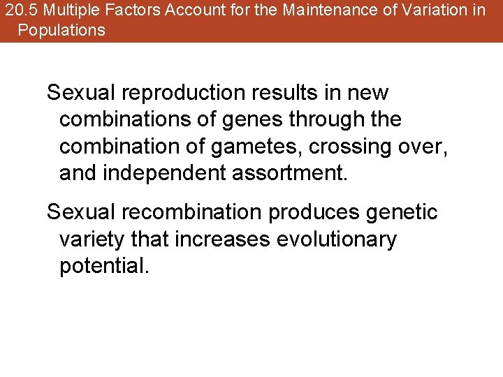 20. 5 Multiple Factors Account for the Maintenance of Variation in Populations Sexual reproduction