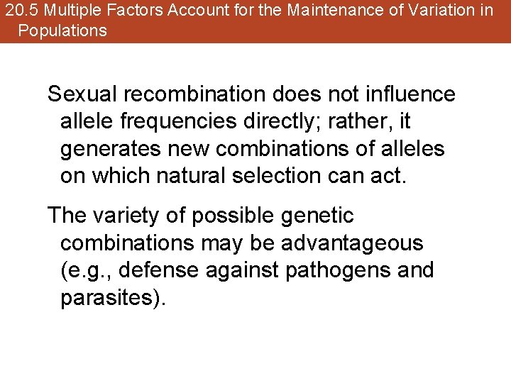 20. 5 Multiple Factors Account for the Maintenance of Variation in Populations Sexual recombination