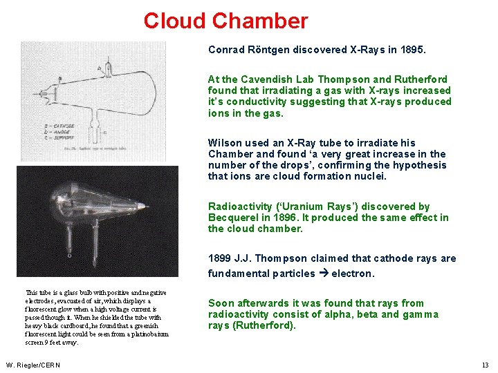 Cloud Chamber Conrad Röntgen discovered X-Rays in 1895. At the Cavendish Lab Thompson and