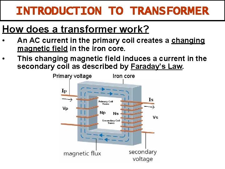 INTRODUCTION TO TRANSFORMER How does a transformer work? • • An AC current in