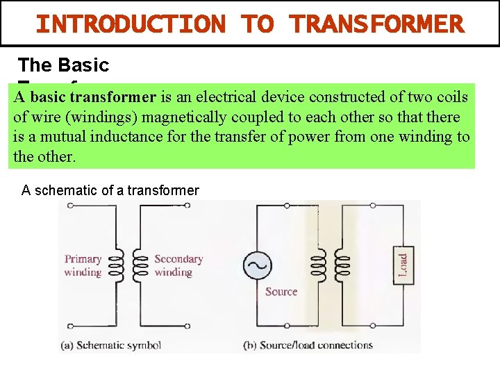 INTRODUCTION TO TRANSFORMER The Basic ATransformer basic transformer is an electrical device constructed of