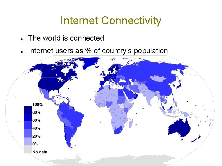 Internet Connectivity ● The world is connected ● Internet users as % of country’s