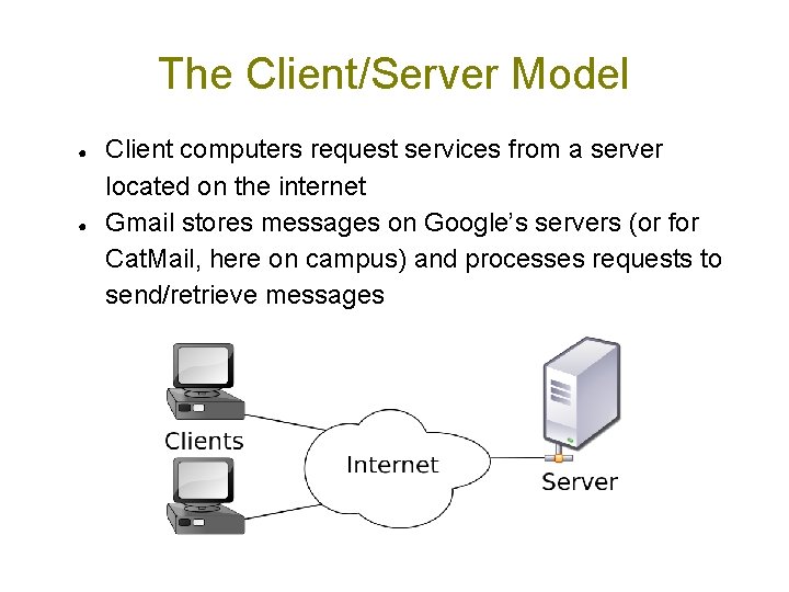 The Client/Server Model ● ● Client computers request services from a server located on