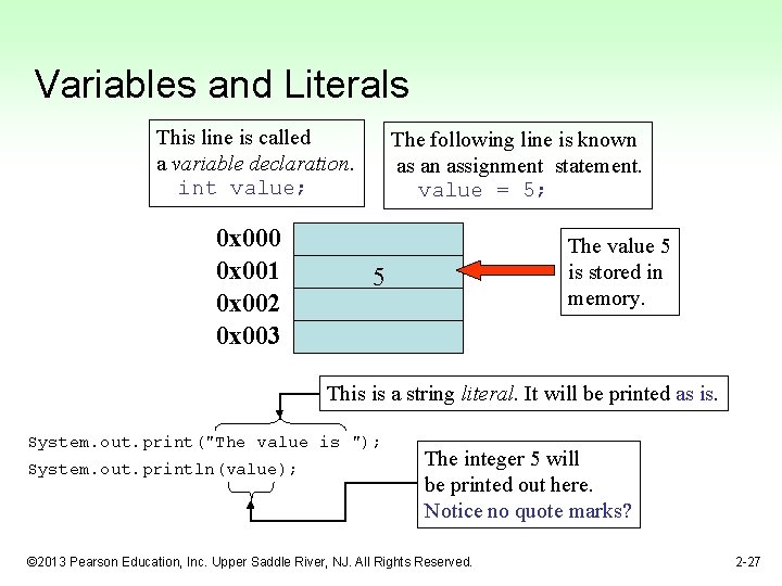 Variables and Literals This line is called a variable declaration. int value; 0 x