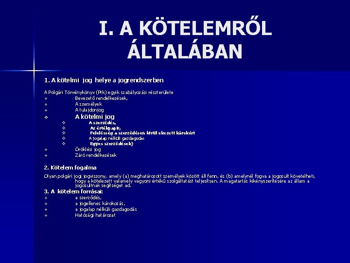 I. A KÖTELEMRŐL ÁLTALÁBAN 1. A kötelmi jog helye a jogrendszerben A Polgári Törvénykönyv