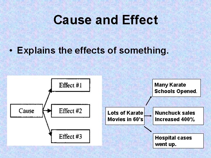 Cause and Effect • Explains the effects of something. Many Karate Schools Opened. Lots
