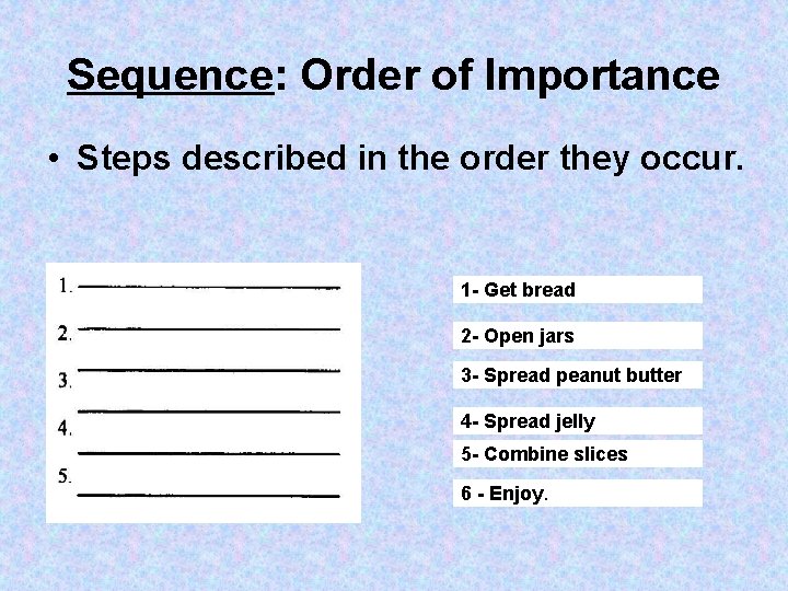 Sequence: Order of Importance • Steps described in the order they occur. 1 -